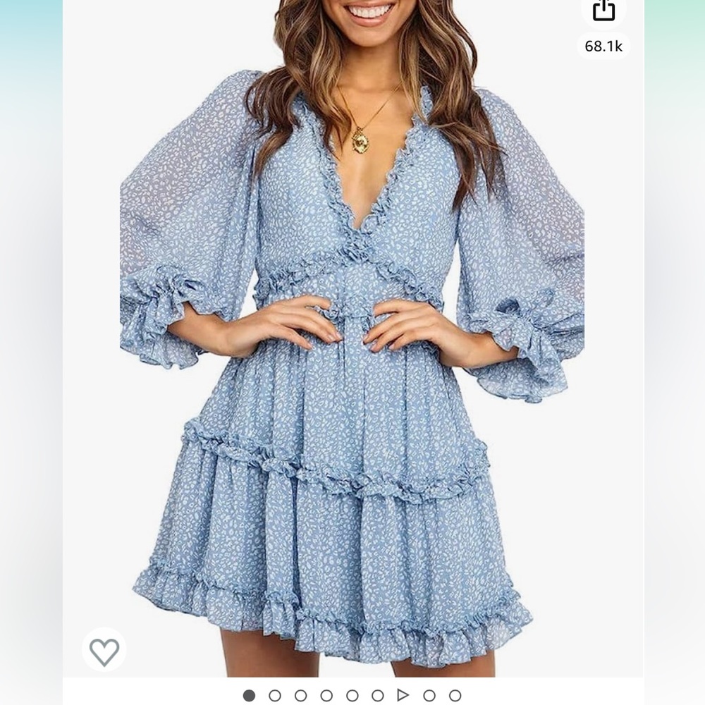 Womens 2023 Spring Summer Deep V Neck Ruffle Long Sleeve Floral Print Mini Dress